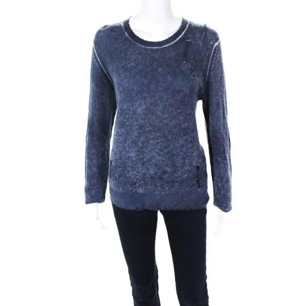 Autumn Cashmere Womens Distress Striped Textured Long Sleeve Sweater Blue Size L
